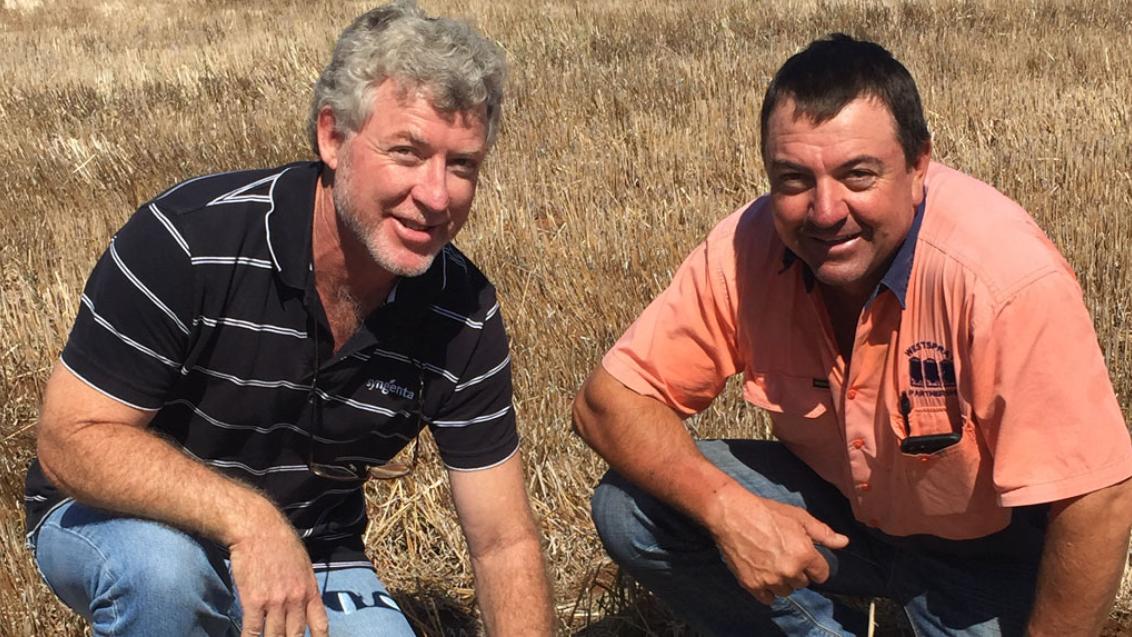 Stan Noonan, Syngenta Sales Representative based out of Dubbo with grower, Gary Weston at his property at Curban, NSW.