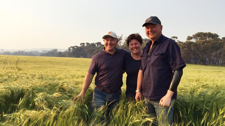 Grower, Kevin Davies, and his adviser, David Stead, in his barley paddock treated with Boxer Gold.