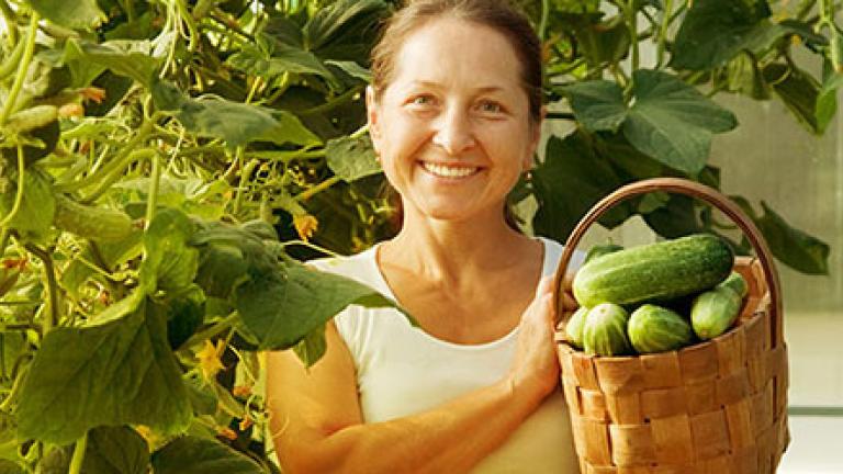 Lady carrying a busket of vegetables