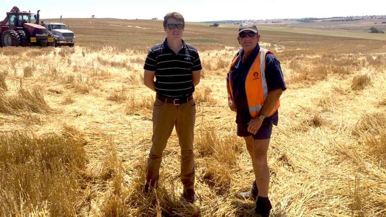 two men standing in wheat field 