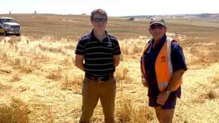 two men standing in wheat field 