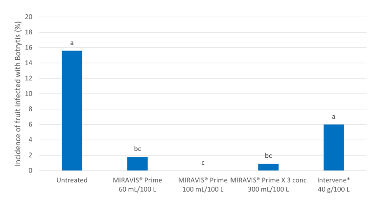 Graph showing incidence of Botrytis grey mould on immature/aborted fruit assessed 63 days after two applications of MIRAVIS® Prime fungicide or Intervene* on cherries 