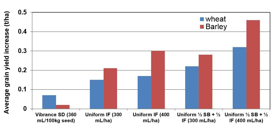 Figure 1 Grain yield increases with seed-dressing and in-furrow (IF) and surface-banded (SB) fungicides.