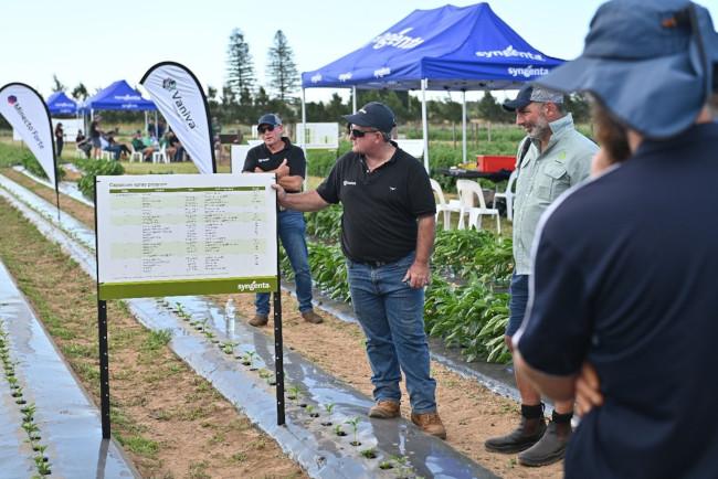 Syngenta Technical Services Lead, Dr Shaun Hood, discussing spray program options with agronomists at GrowMore 2024. 