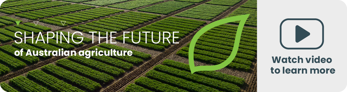 Green leaf icon over farmland with text “Shaping the Future: a sustainable agriculture”